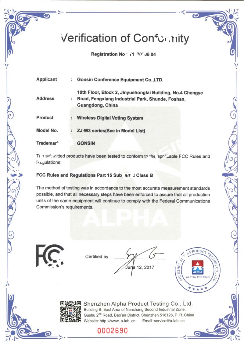 FCC Certificate (Wireless Digital Voting System)